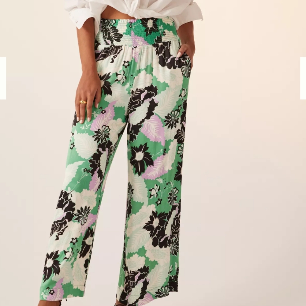 Maeve Wide-Leg Floral Print Pants in Mint, Black & Lilac
